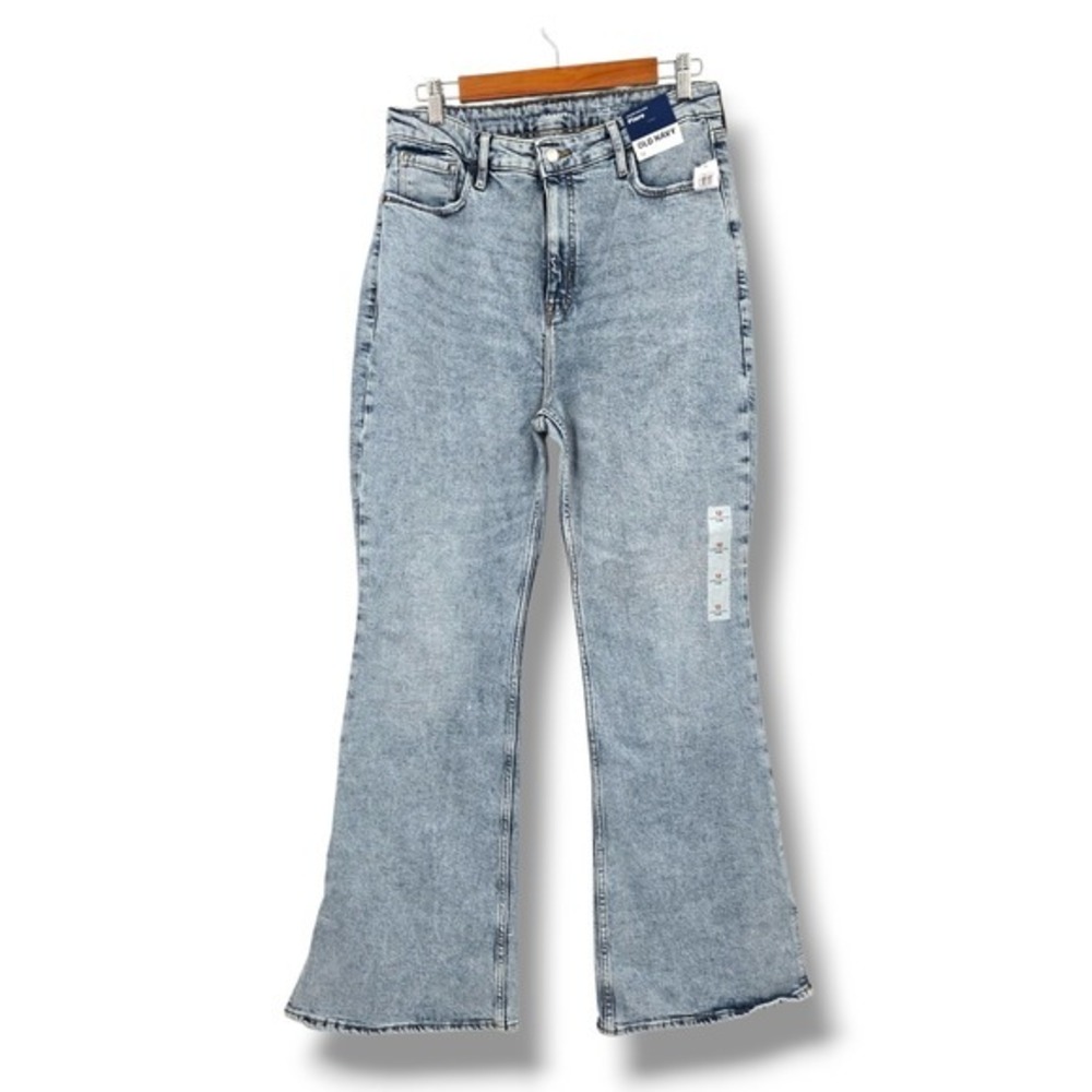 New Old Navy Flare Jeans High‎ Waisted Acid Wash Slit Hem Denim Size 12